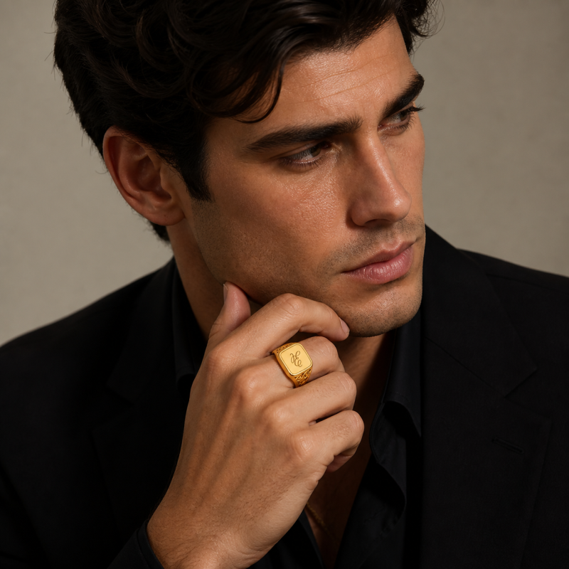 18K Gold Personalized Initial Letter Signet Ring for Men-2