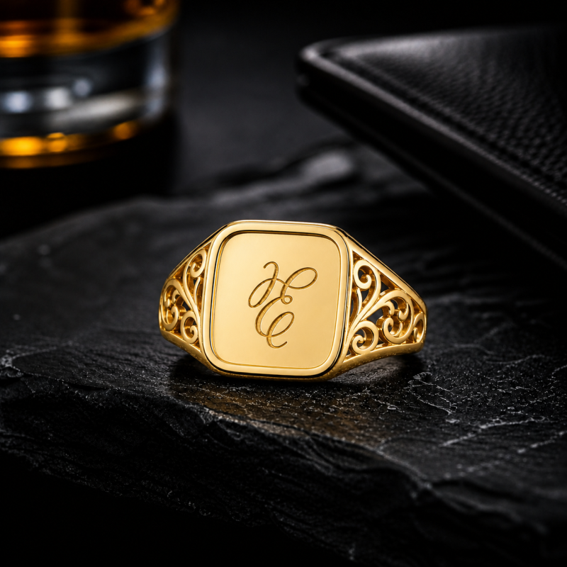 18K Gold Personalized Initial Letter Signet Ring for Men-3