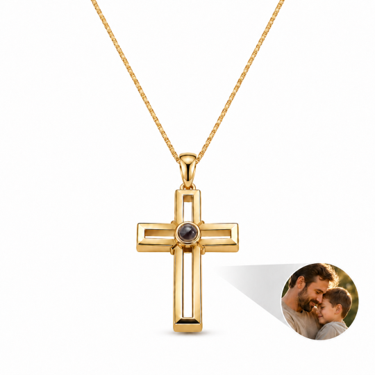 Sterling Silver with Yellow Gold Plated Personalized Projection & Cross Pendant Necklace for Men
