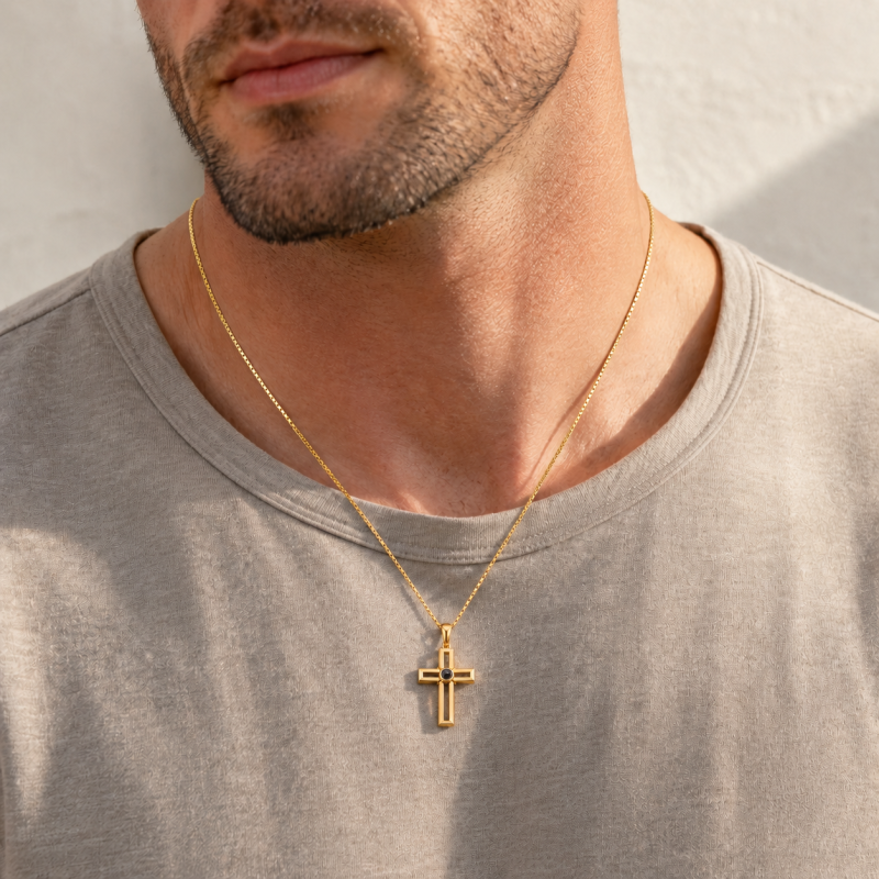 Sterling Silver with Yellow Gold Plated Personalized Projection & Cross Pendant Necklace for Men-2
