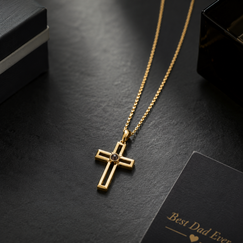 Sterling Silver with Yellow Gold Plated Personalized Projection & Cross Pendant Necklace for Men-3