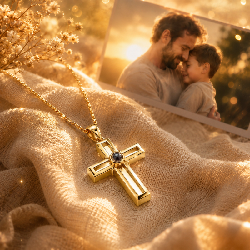 Sterling Silver with Yellow Gold Plated Personalized Projection & Cross Pendant Necklace for Men-4