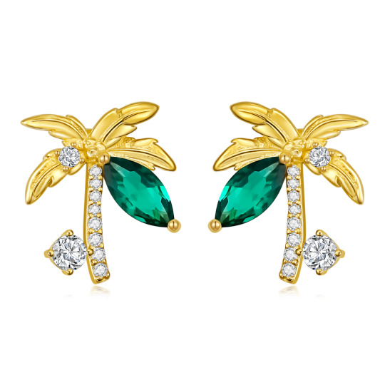 Boucles d'oreilles à tige en forme de cocotier en argent sterling plaqué or jaune avec oxyde de zirconium carré princesse pour femme