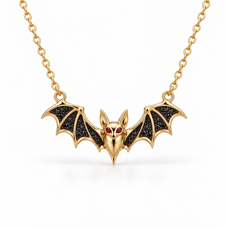 Collar con colgante de murciélago de cristal redondo tallado en plata de ley con baño de oro amarillo-2