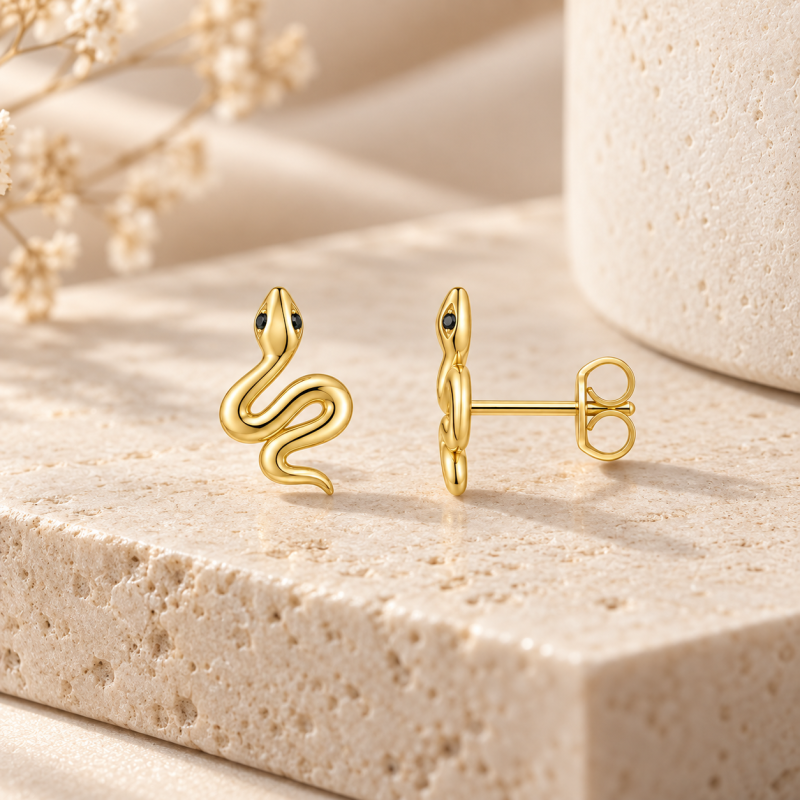 Pendientes de serpiente con cristales redondos tallados, chapados en oro amarillo y plata de ley.-5