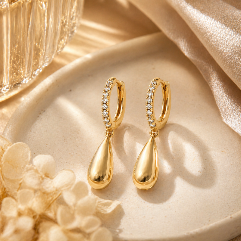 Sterling Silver with Yellow Gold Plated Round Cut Cubic Zirconia Half Pave Teardrop earrings-3