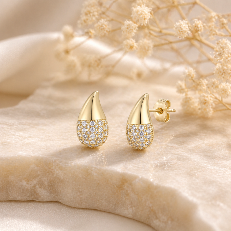 Sterling Silver with Yellow Gold Plated Round Cut Cubic Zirconia Half Pave Teardrop Stud Earrings-3