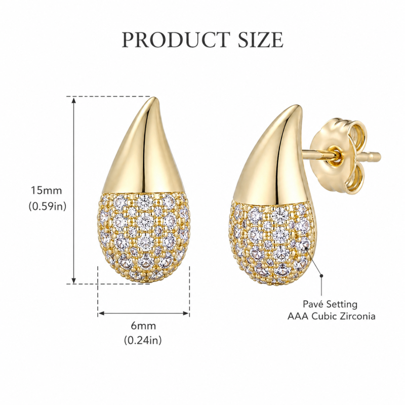Sterling Silver with Yellow Gold Plated Round Cut Cubic Zirconia Half Pave Teardrop Stud Earrings-4