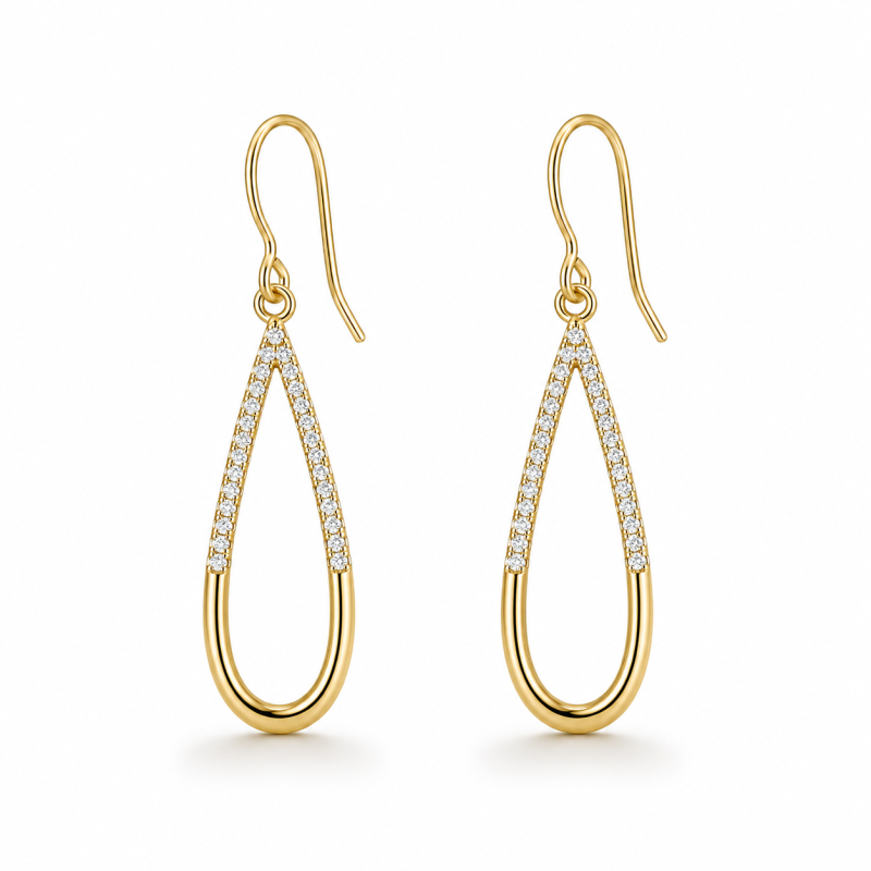 Sterling Silver with Yellow Gold Plated Round Cut Moissanite Half Pave Teardrop Earrings-1