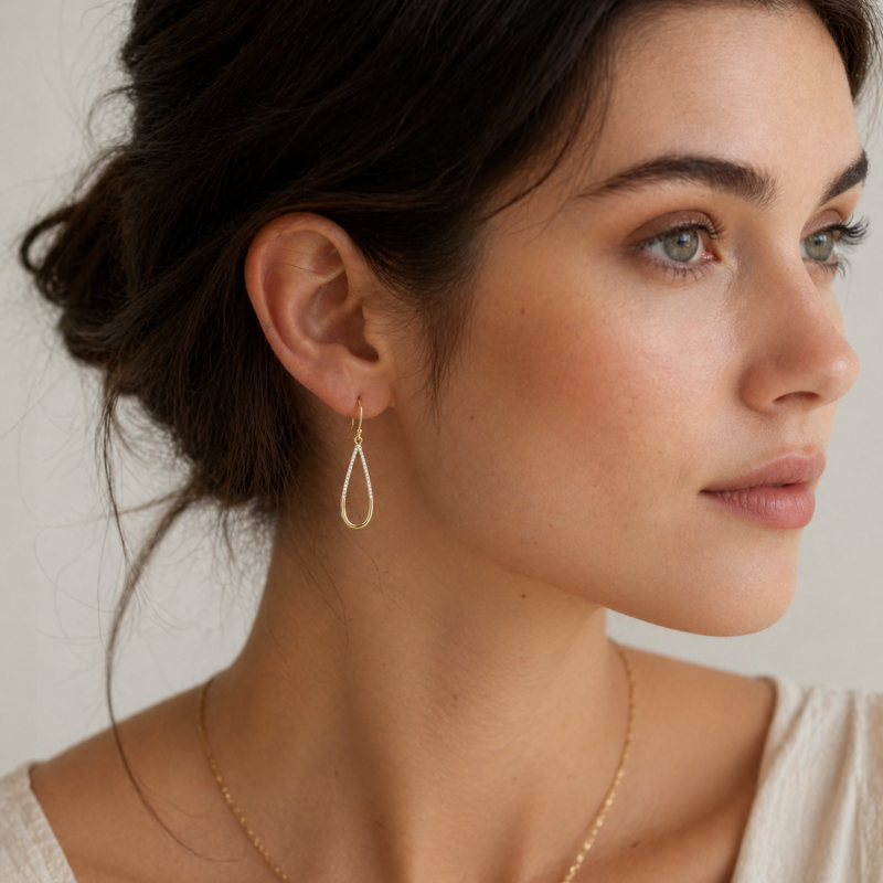 Sterling Silver with Yellow Gold Plated Round Cut Moissanite Half Pave Teardrop Earrings-2