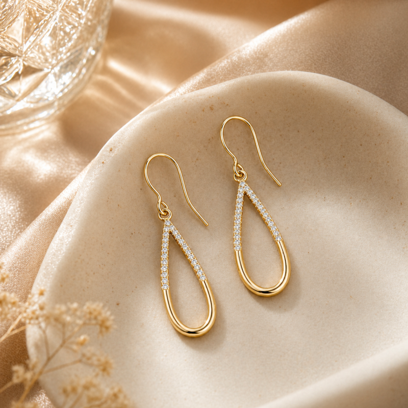Sterling Silver with Yellow Gold Plated Round Cut Moissanite Half Pave Teardrop Earrings-3