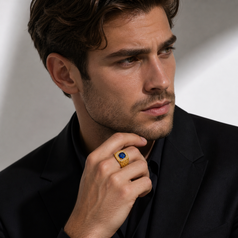 10K Gold Round Cut Personalized Birthstone Signet Ring for Men-2