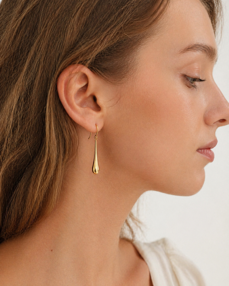 Sterling Silver with Yellow Gold Plated Slim Teardrop Drop Earrings-2