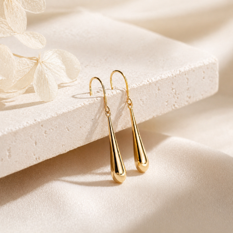 Sterling Silver with Yellow Gold Plated Slim Teardrop Drop Earrings-3