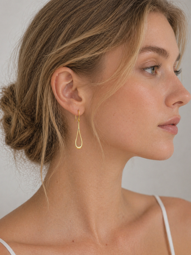 Sterling Silver with Yellow Gold Plated Slim Teardrop Drop Earrings-2