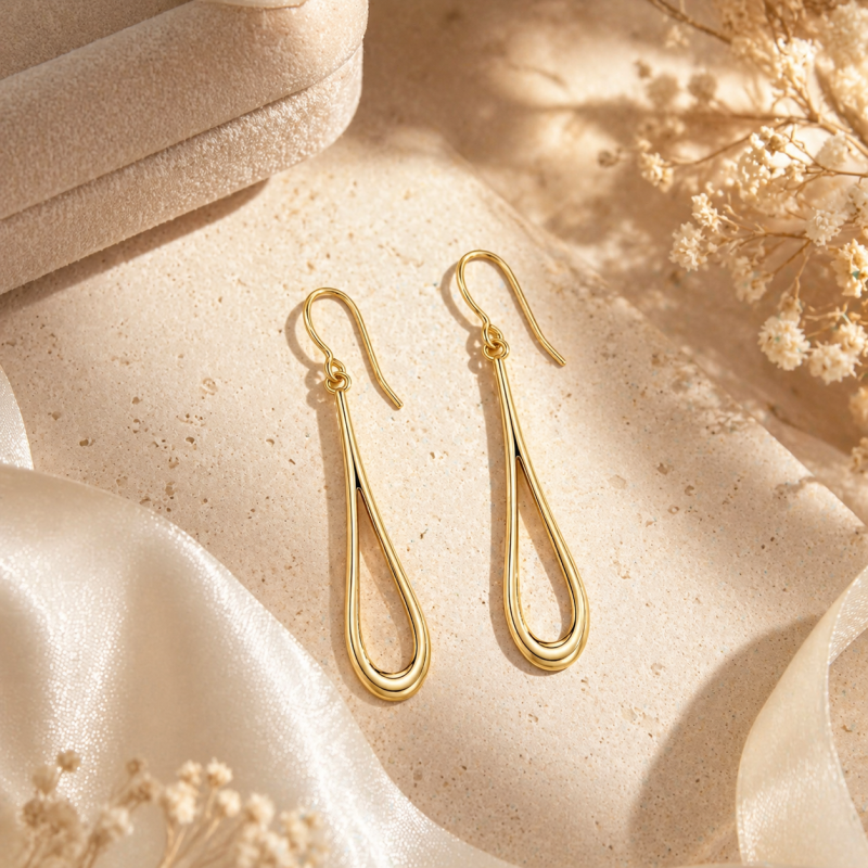 Sterling Silver with Yellow Gold Plated Slim Teardrop Drop Earrings-3