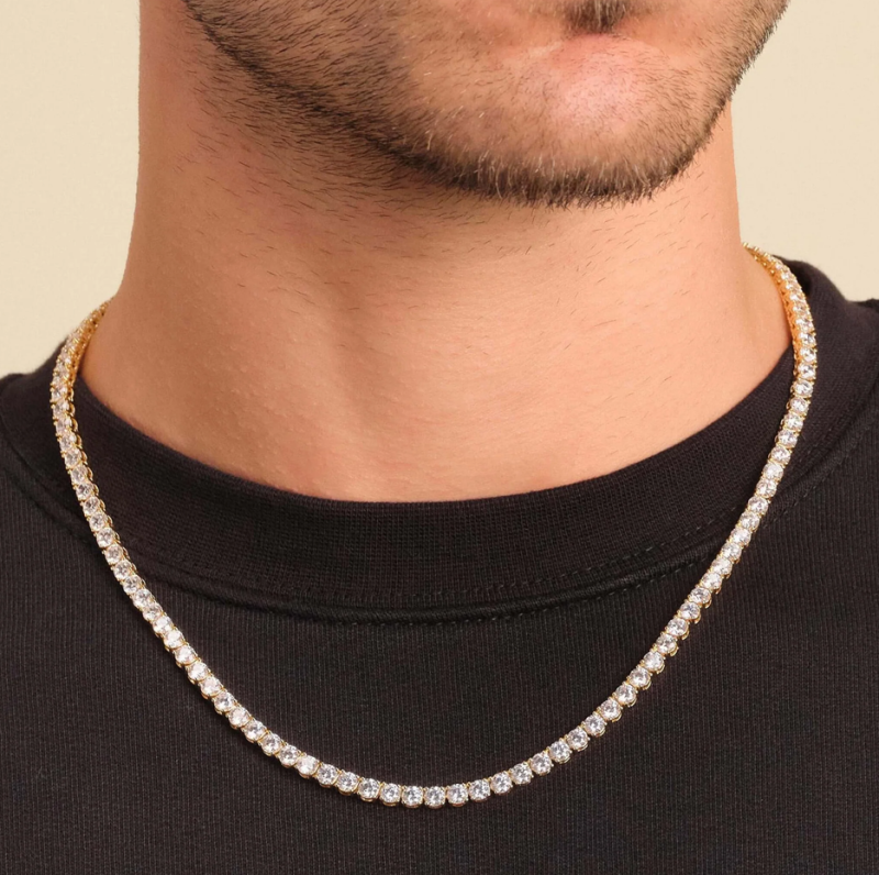 Collar de cadena de tenis para hombre, de plata de ley con baño de oro amarillo, 4 mm-2
