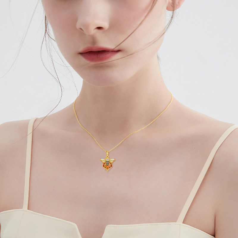 スターリングシルバー、イエローゴールドメッキ、ジルコンの蜂のペンダントネックレス-2