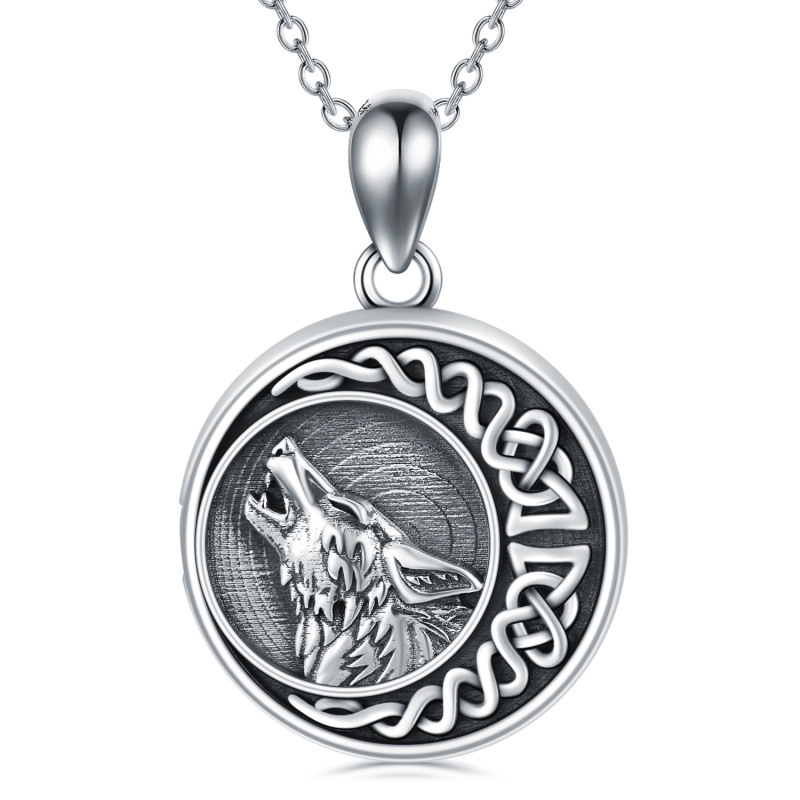 Lobo de plata de ley y nudo celta Luna Personalizado Foto Locket Collar-4