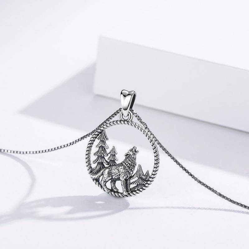 Collar Colgante Círculo de Lobo de Plata de Ley para Hombre-3