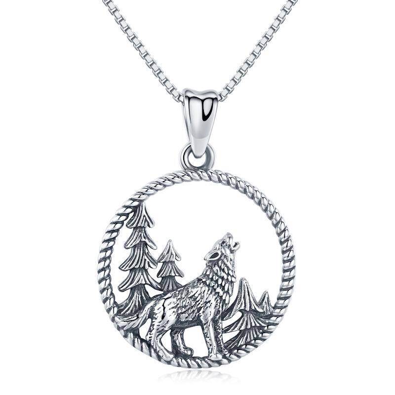 Collar Colgante Círculo de Lobo de Plata de Ley para Hombre-1