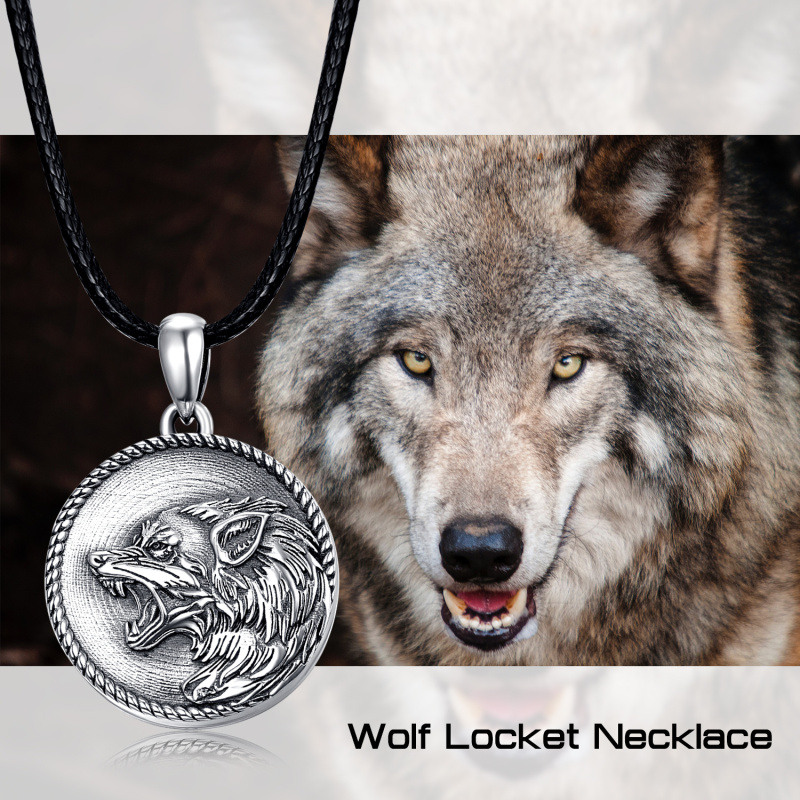 Collar con medallón fotográfico personalizado de lobo en plata esterlina para hombres-7