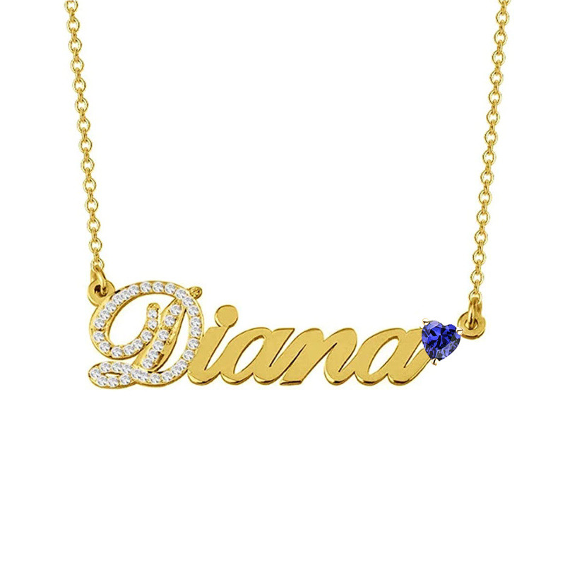 Sterling Silver Yellow Gold Plated Heart Cubic Zirconia Personalized Birthstone And Classic Name Pendant Necklace For Women-1