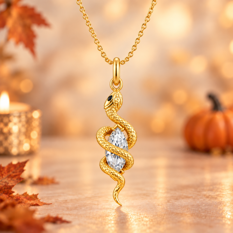 Collar con colgante de moissanita con forma de serpiente, chapado en oro amarillo y plata de ley para mujer.-12