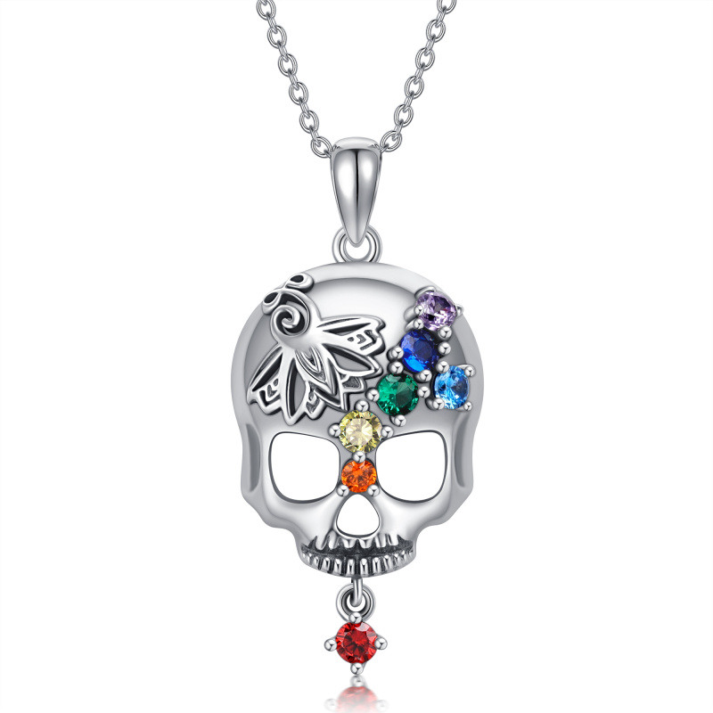 Sterling Silver Zircon Skull Pendant Necklace-13