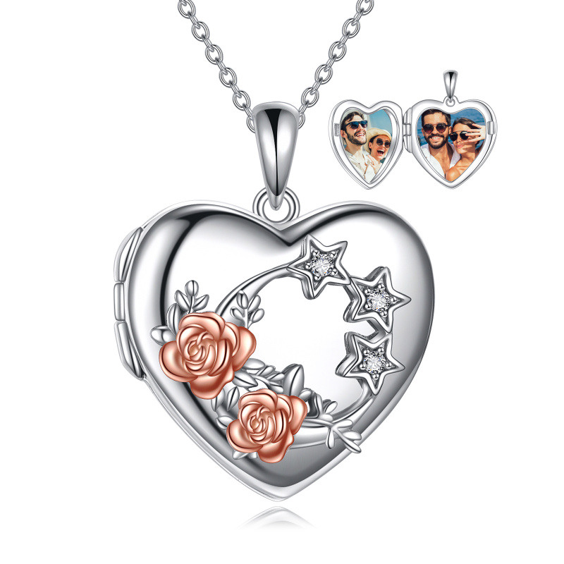 Collar con medallón de foto personalizado con estrella de circonio y rosa de plata de ley para mujer-11