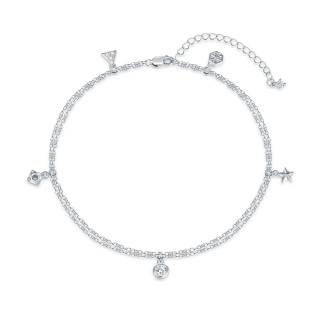 Sterling Silver Round Cubic Zirconia Stars Multi-layered Charm Anklet-25