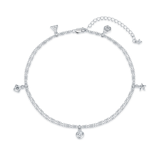 Sterling Silver Round Cubic Zirconia Stars Multi-layered Charm Anklet