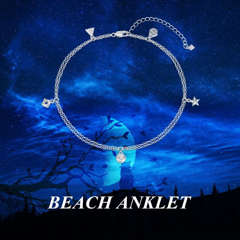 Tornozeleira redonda de prata esterlina com zircônia cúbica e estrelas multicamadas-5