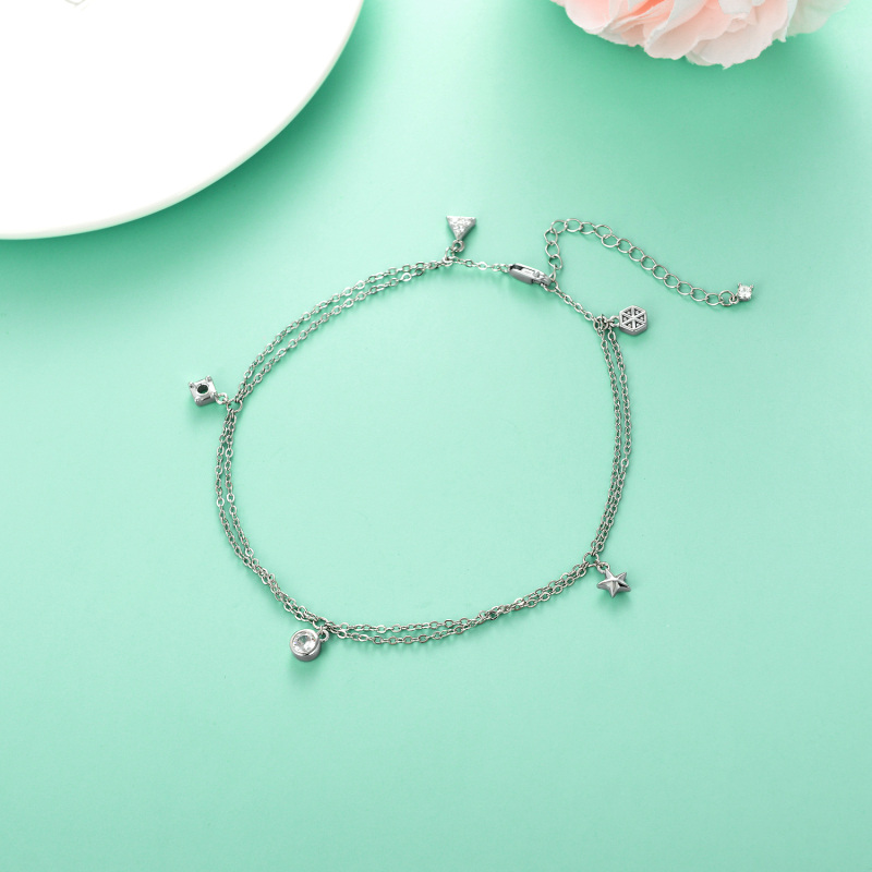 Tornozeleira redonda de prata esterlina com zircônia cúbica e estrelas multicamadas-2