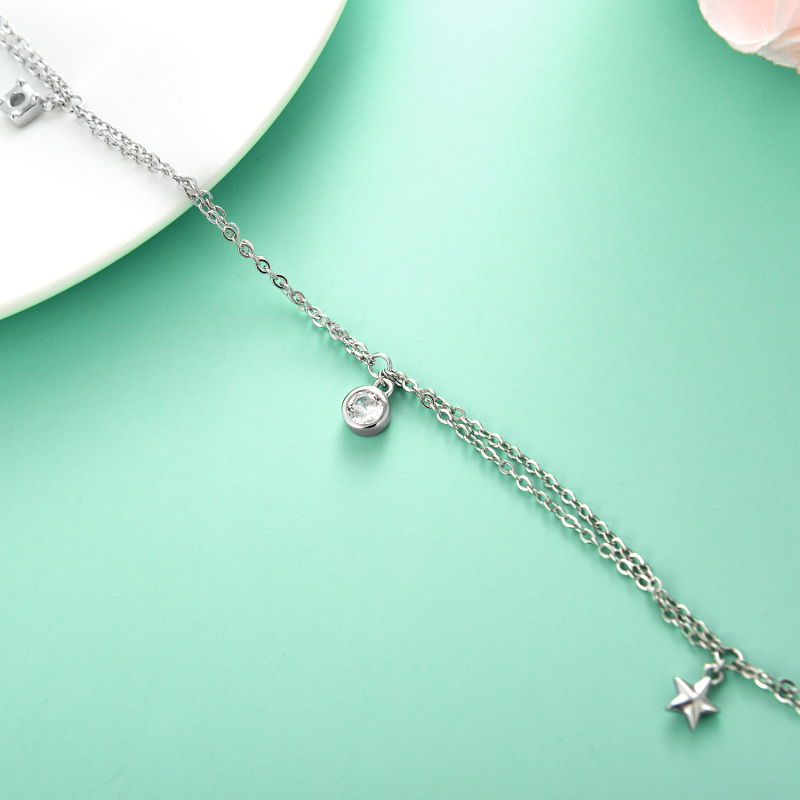 Tornozeleira redonda de prata esterlina com zircônia cúbica e estrelas multicamadas-3
