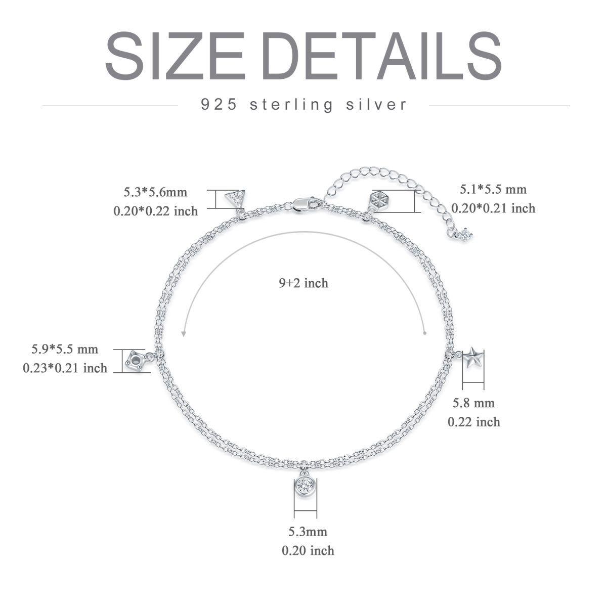 Tobillera con dijes multicapa de estrellas y circonitas cúbicas redondas en plata de ley-4