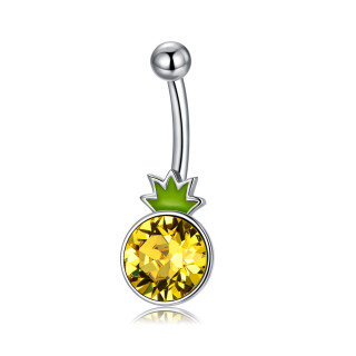 Sterling Silver Two-tone Round Crystal Pineapple Belly Button Ring-59