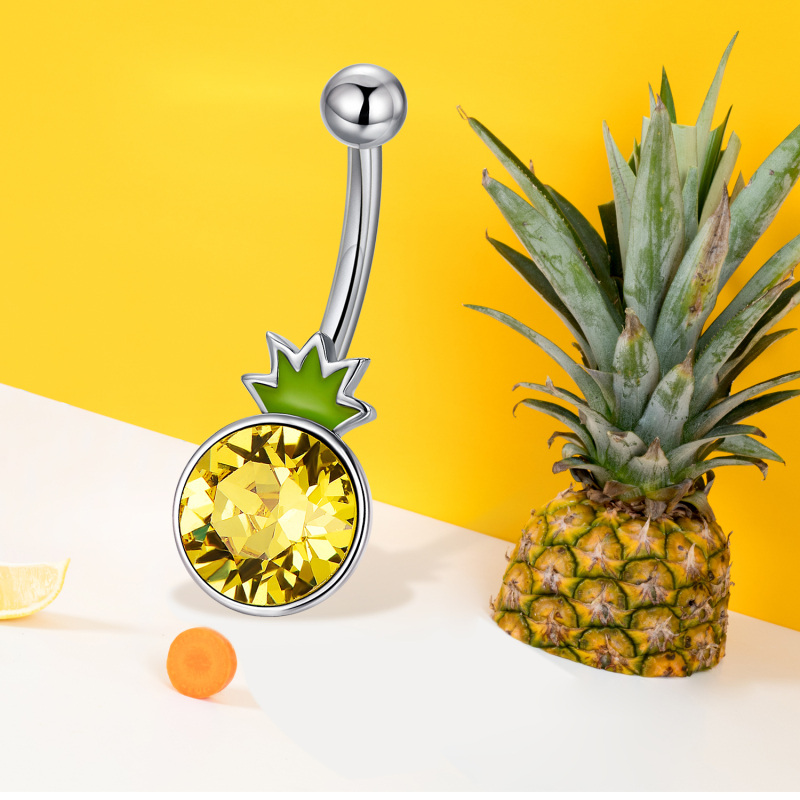 Sterling Silver Two-tone Round Crystal Pineapple Belly Button Ring-2