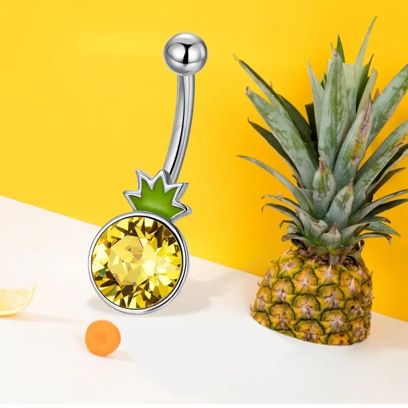 Sterling Silver Two-tone Round Crystal Pineapple Belly Button Ring-3