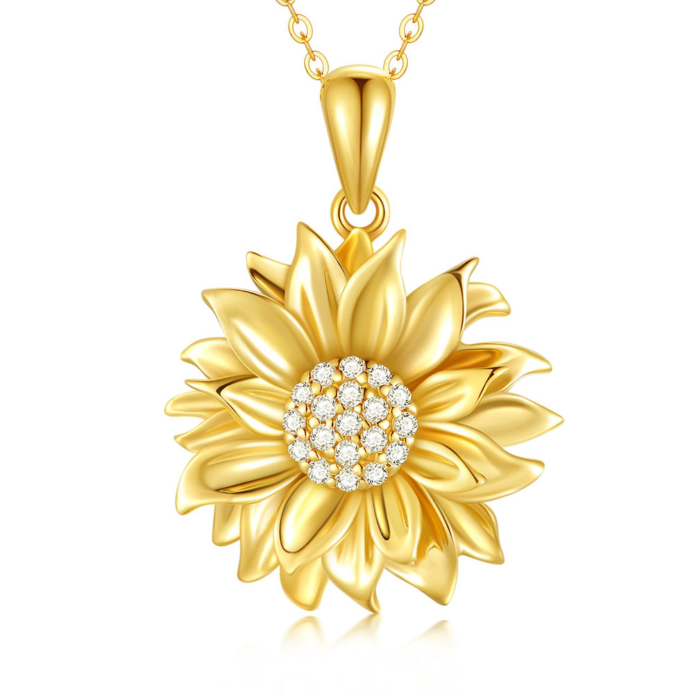 9K Gold Zircon Sunflower Pendant Necklace-1