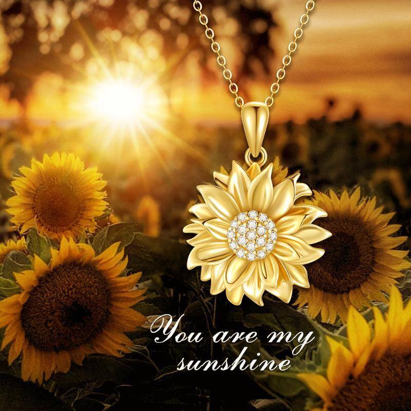 9K Gold Zircon Sunflower Pendant Necklace-6