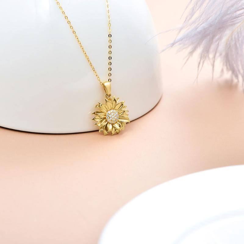 9K Gold Zircon Sunflower Pendant Necklace-3