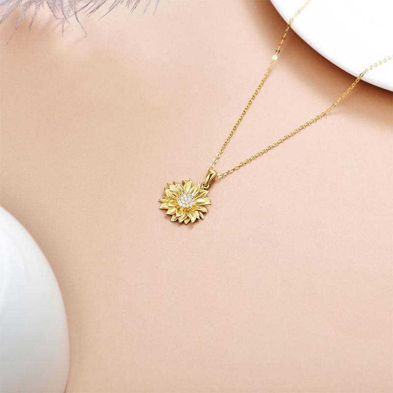 9K Gold Zircon Sunflower Pendant Necklace-4