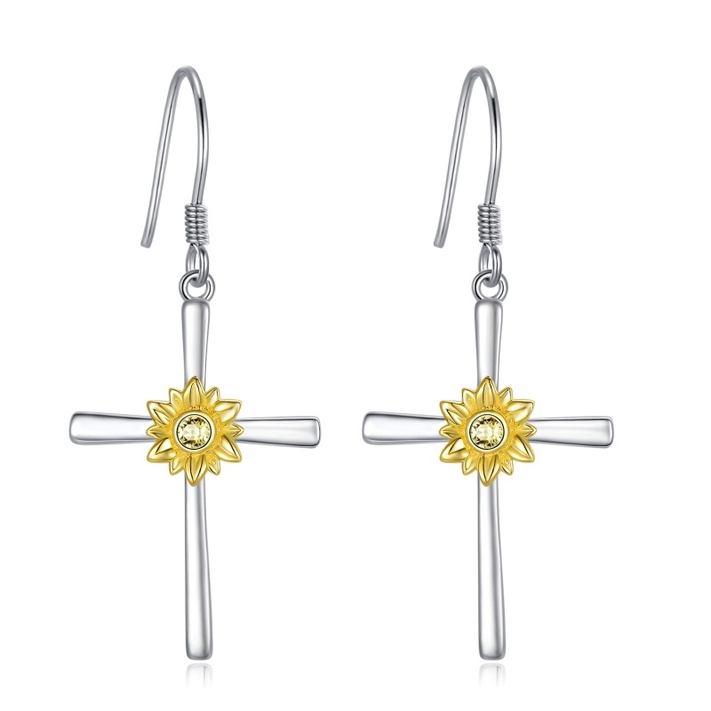 Boucles d'oreilles pendantes en argent sterling avec croix tournesol-1