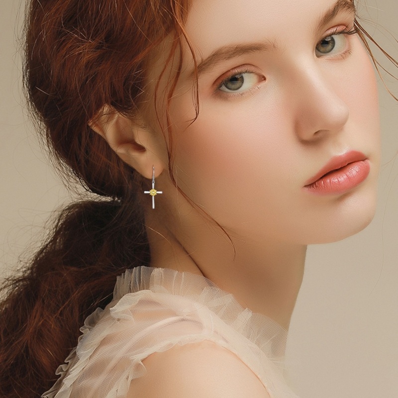 Boucles d'oreilles pendantes en argent sterling avec croix tournesol-2