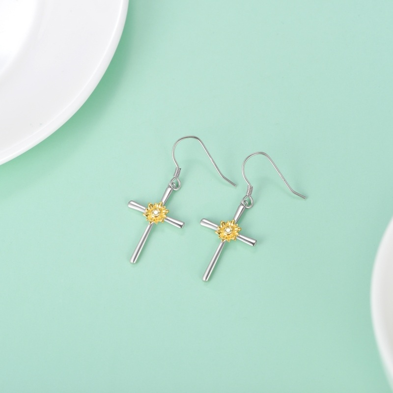 Boucles d'oreilles pendantes en argent sterling avec croix tournesol-4