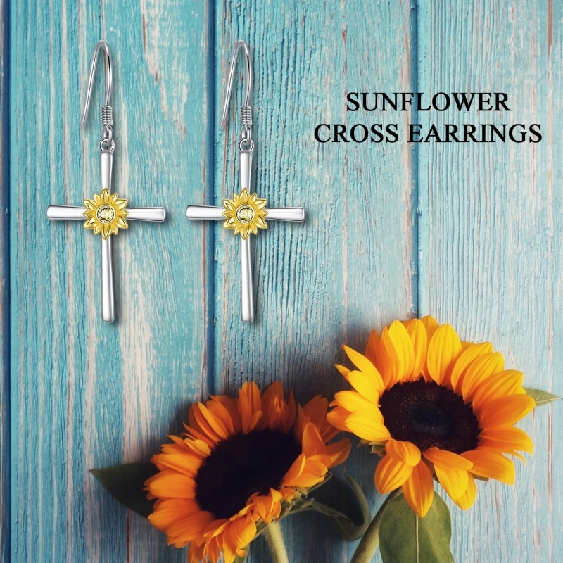 Boucles d'oreilles pendantes en argent sterling avec croix tournesol-6