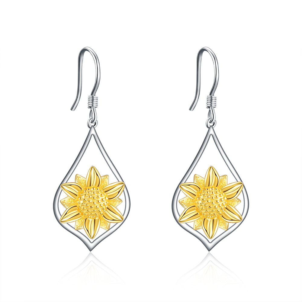 Sterling Silver Two-tone Sunflower Drop Earrings-1