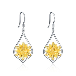 Sterling Silver Two-tone Sunflower Drop Earrings-6