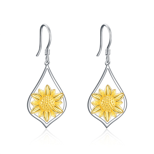 Sterling Silver Two-tone Sunflower Drop Earrings